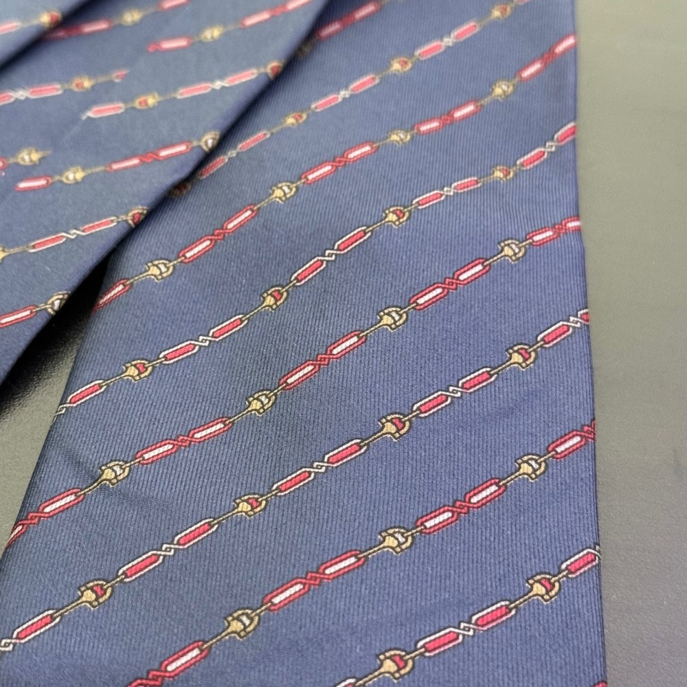 LANVIN Equestrain Silk Mens Necktie Blue Red Gold‎ Horsebit